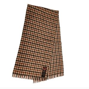 Vintage 100% Lambswool Scarf with Fringe Natural Brown Gingham Plaid